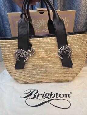 Brighton Bernadette Straw Purse W/Black Leather Handles